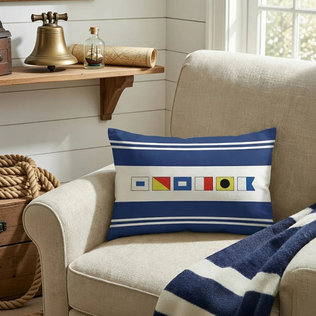 Navy Coastal Rectangular Pillow with Personalized Nautical Flags, Cozy Couch or Bed Decor, Meaningful Unique Gift