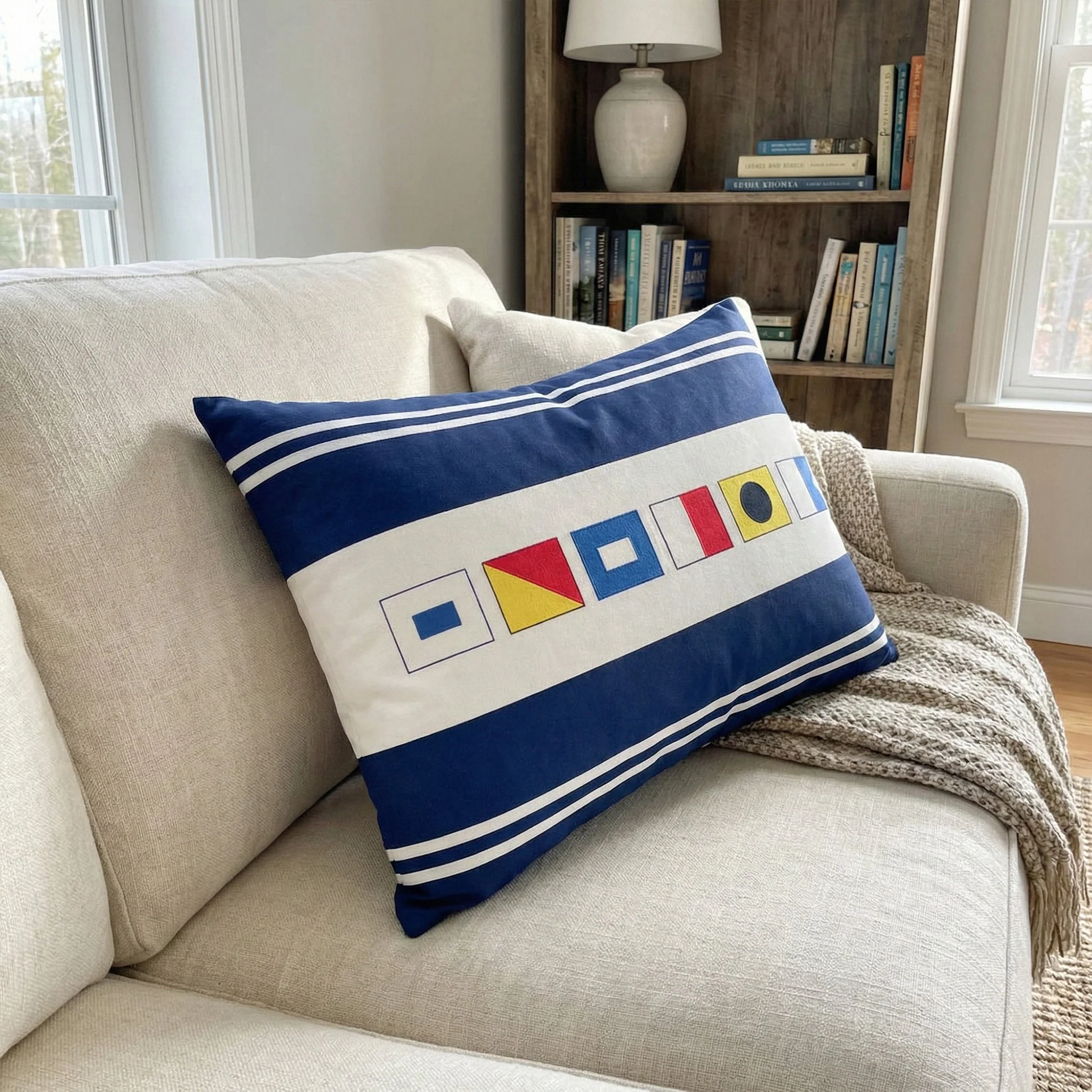 Navy Coastal Rectangular Pillow with Personalized Nautical Flags, Cozy Couch or Bed Decor, Meaningful Unique Gift - Image 4