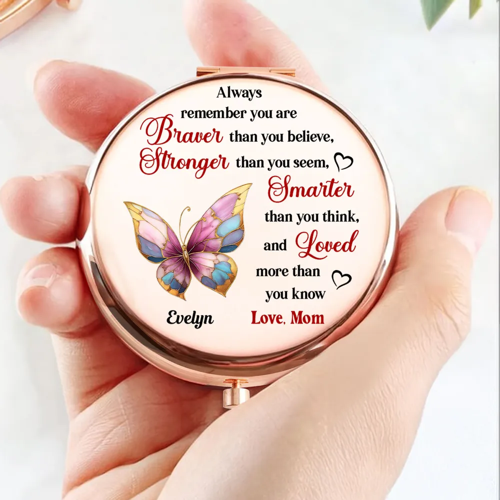 Personalized Metal Compact Mirror with Butterfly Quote, Encouraging Gift for Daughter or Friend, Braver Stronger Smarter Loved - Image 3