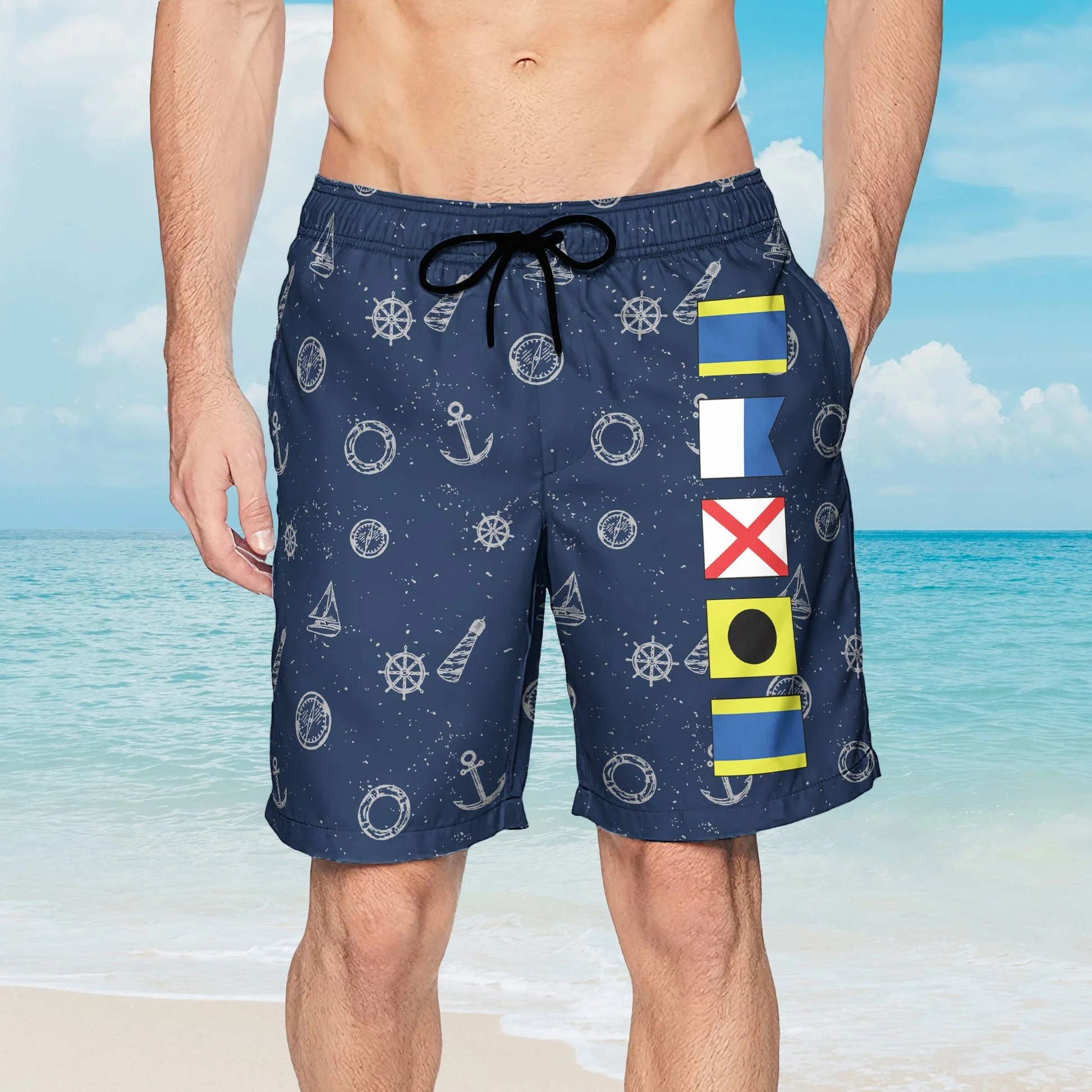 Personalized Nautical Flag Men's Beach Shorts, Navy Ocean Print for Beach Days, Unique Summer Gift for Him - Image 2