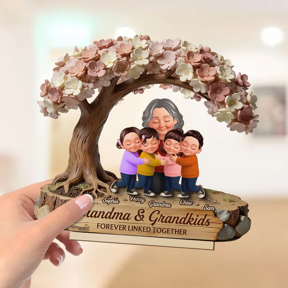 Personalized 2-Layer Wooden Plaque with Hugging Grandma & Grandkids Under Blossom Tree - Unique Family Keepsake Gift - Image 3