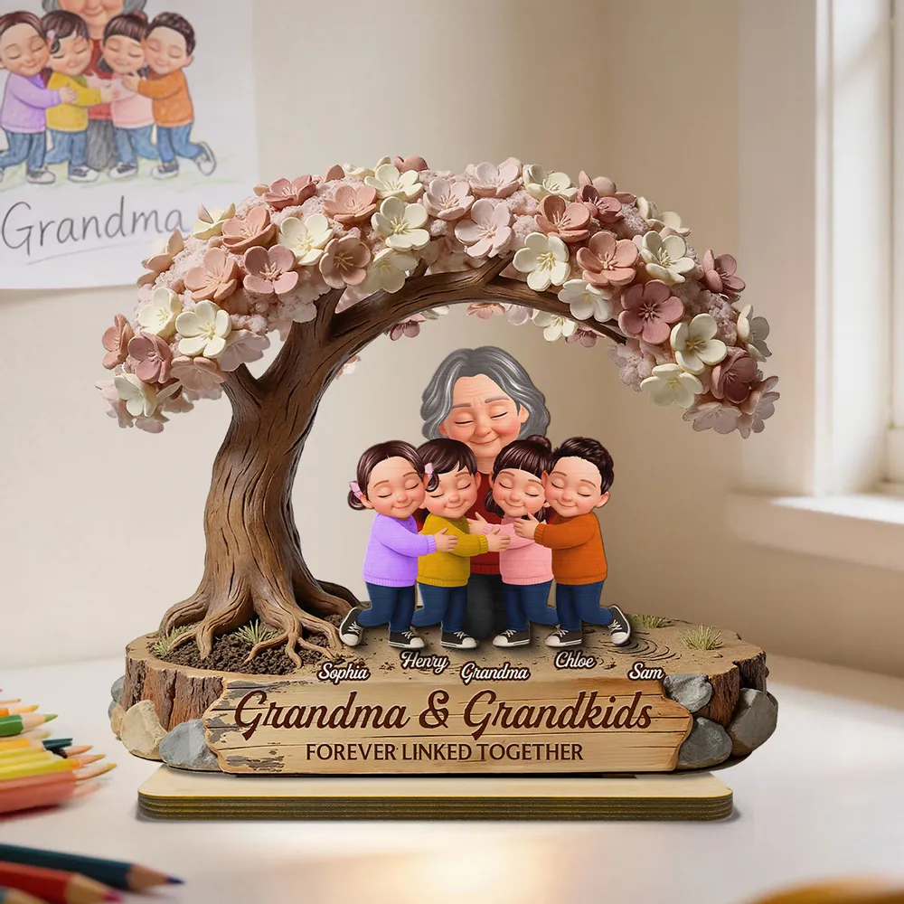 Personalized 2-Layer Wooden Plaque with Hugging Grandma & Grandkids Under Blossom Tree - Unique Family Keepsake Gift - Image 8