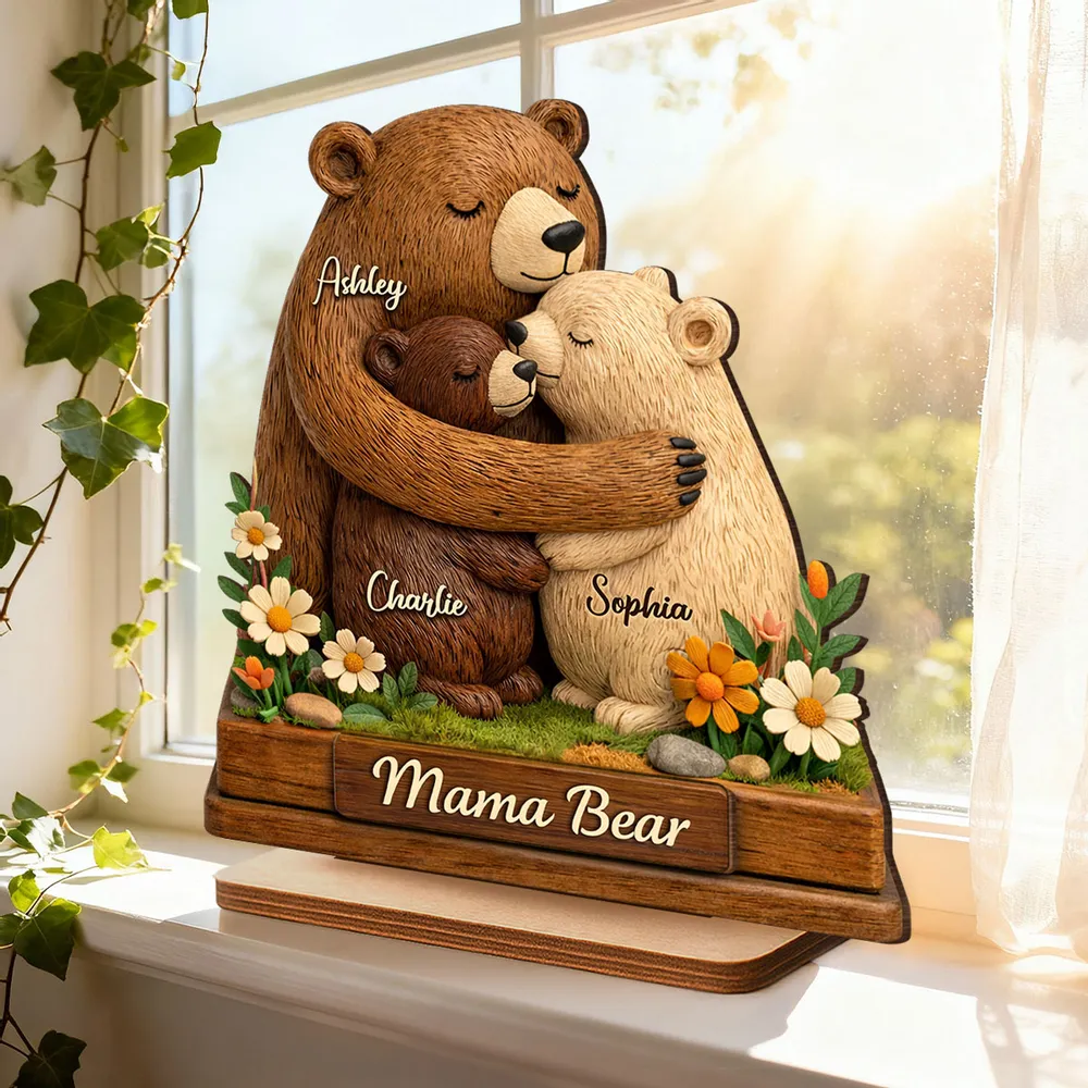 Personalized 2-Layer Wooden Plaque Mama Bear Hugging Cubs, Sweet Floral Family Keepsake, Unique Gift for Mom or Grandma - Image 3