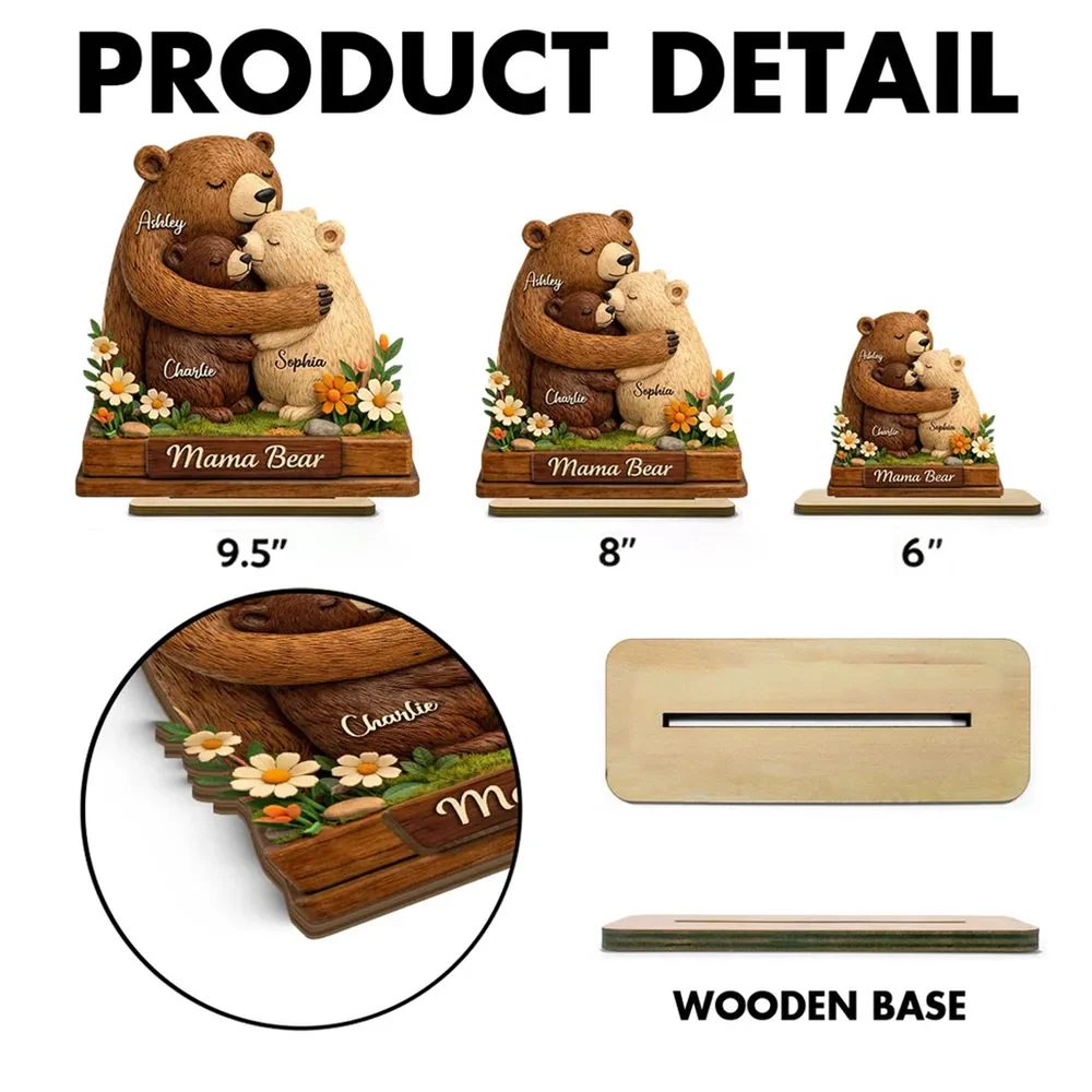 Personalized 2-Layer Wooden Plaque Mama Bear Hugging Cubs, Sweet Floral Family Keepsake, Unique Gift for Mom or Grandma - Image 4