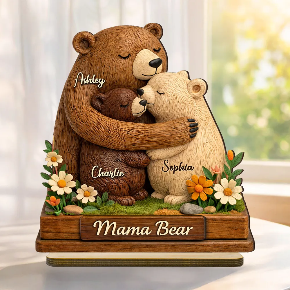 Personalized 2-Layer Wooden Plaque Mama Bear Hugging Cubs, Sweet Floral Family Keepsake, Unique Gift for Mom or Grandma - Image 7