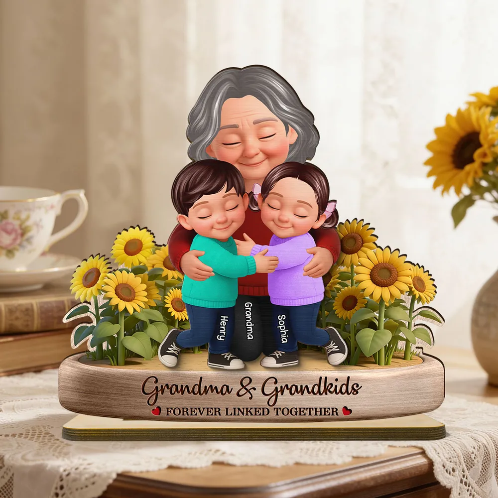Personalized 2-Layer Wooden Plaque of a Grandma Hugging Grandkids in Sunflowers - Unique Gift for Grandma - Image 2