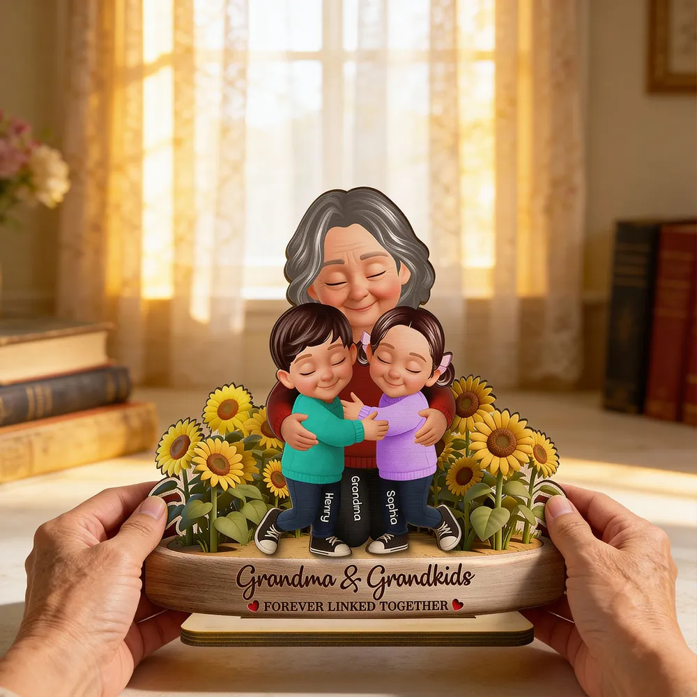 Personalized 2-Layer Wooden Plaque of a Grandma Hugging Grandkids in Sunflowers - Unique Gift for Grandma - Image 3