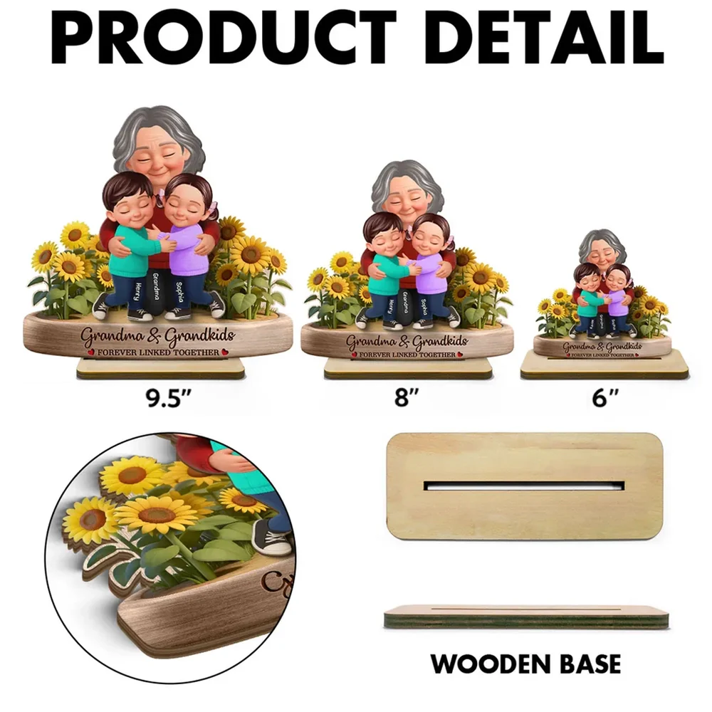Personalized 2-Layer Wooden Plaque of a Grandma Hugging Grandkids in Sunflowers - Unique Gift for Grandma - Image 4