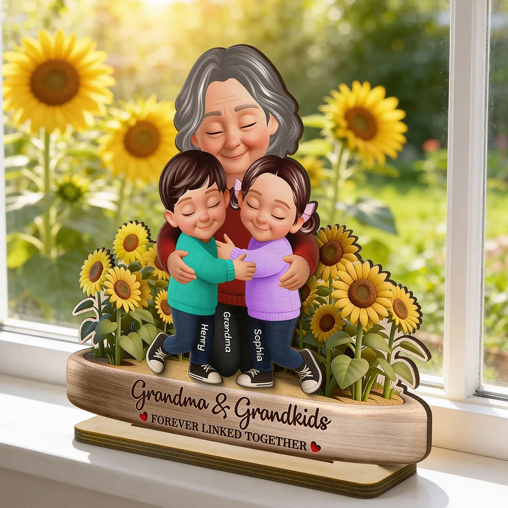 Personalized 2-Layer Wooden Plaque of a Grandma Hugging Grandkids in Sunflowers - Unique Gift for Grandma - Image 6