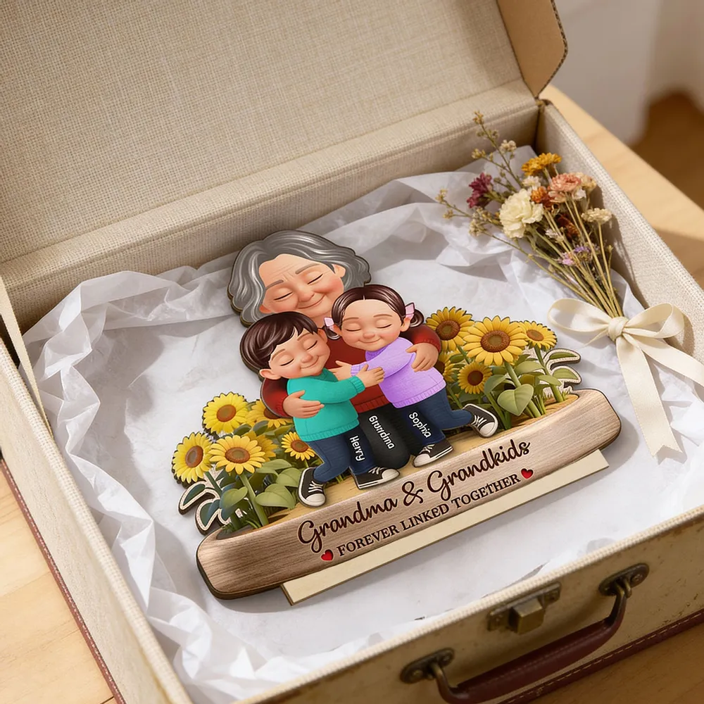 Personalized 2-Layer Wooden Plaque of a Grandma Hugging Grandkids in Sunflowers - Unique Gift for Grandma - Image 7
