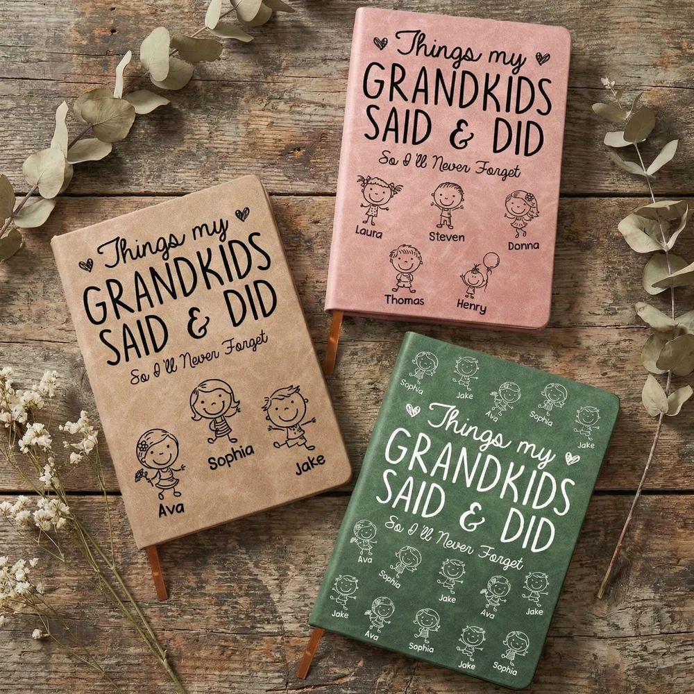 Leather Journal Personalized With Cute Grandkid Doodles, A Heartwarming Memory Book, Unique Gift for Grandparents