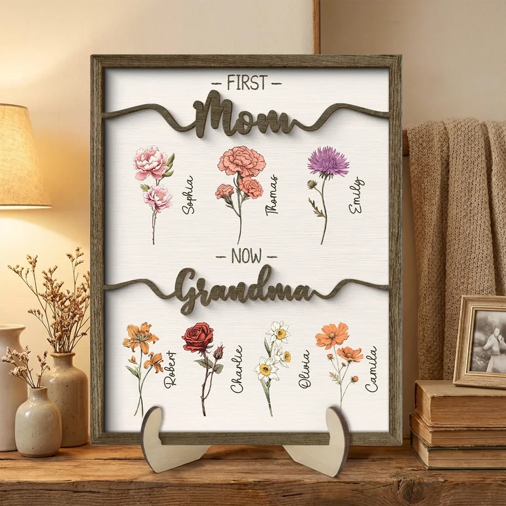 Personalized 2-Layer Wooden Plaque First Mom Now Grandma Floral Keepsake for Grandma - Unique Family Gift