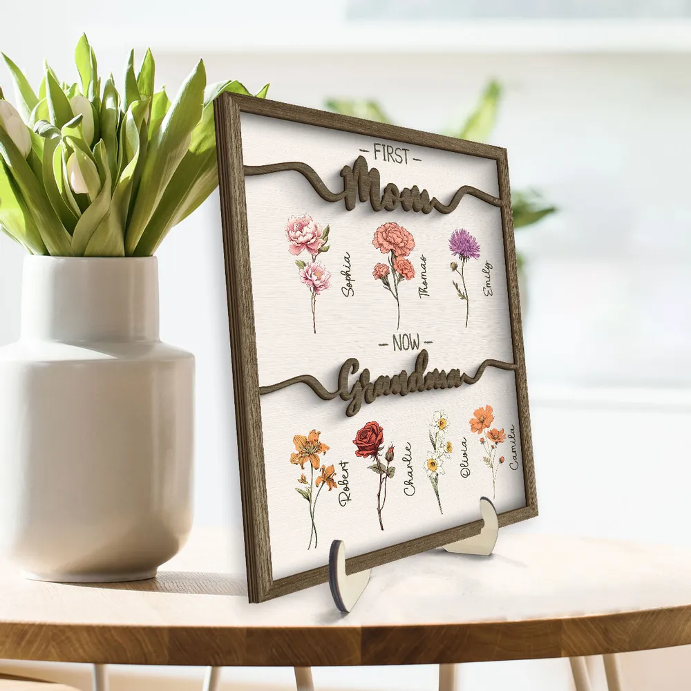 Personalized 2-Layer Wooden Plaque First Mom Now Grandma Floral Keepsake for Grandma - Unique Family Gift - Image 2