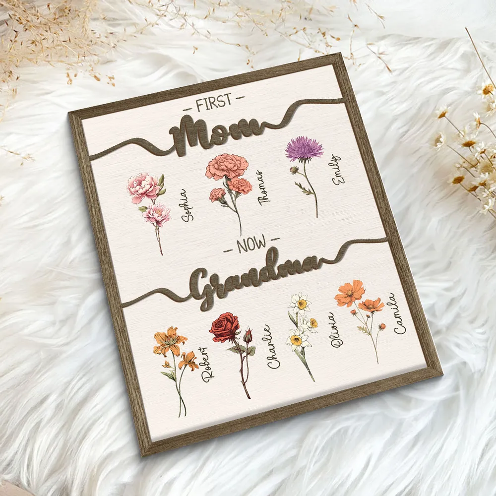 Personalized 2-Layer Wooden Plaque First Mom Now Grandma Floral Keepsake for Grandma - Unique Family Gift - Image 4