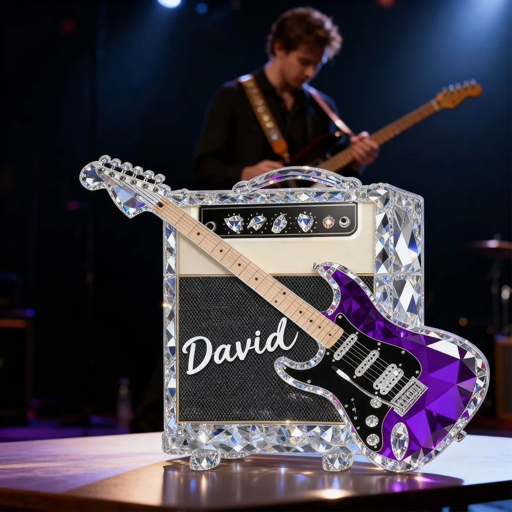 Personalized Guitar Shaped Acrylic Block Plaque, Amp and Electric Guitar Shelf Decor, Unique Gift for Music Lovers - Image 3