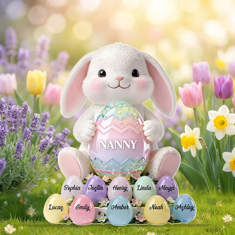 Custom Easter Bunny Shaped Acrylic Block Plaque, Pastel Egg Design for a Love-Filled Keepsake Gift for Nanny