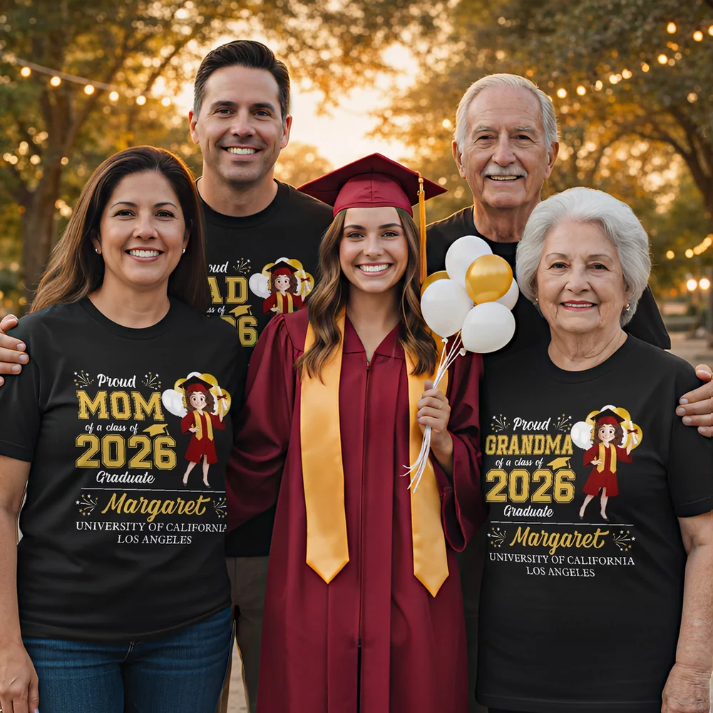 Personalized Graduation Family Matching Classic Tee, Proud Mom Dad Grandma Shirt for Campus Photos, Unique Gift