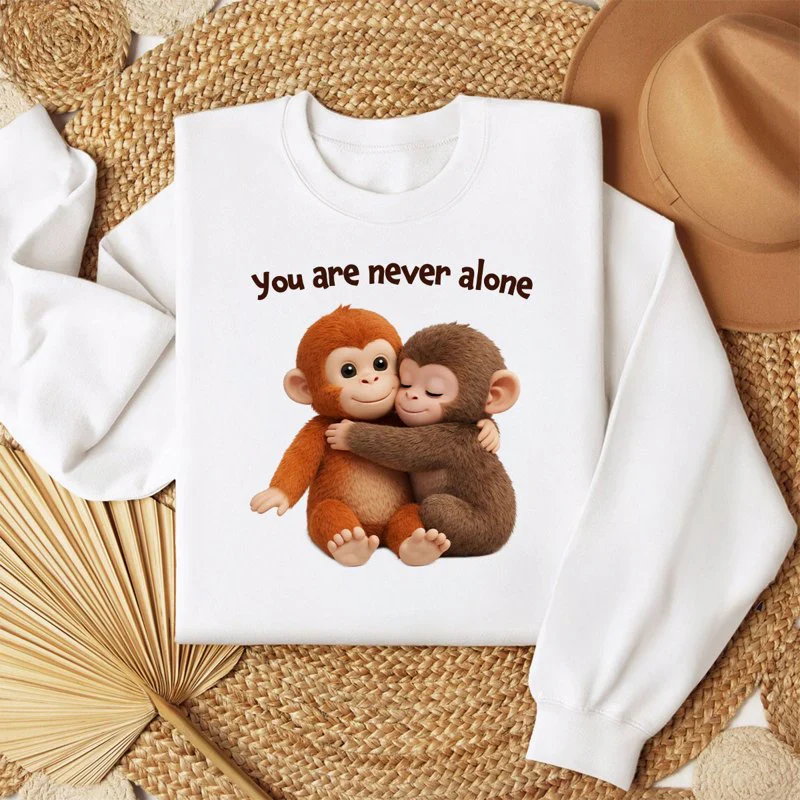Personalized Classic Tee with Hugging Baby Monkeys You are never alone Quote - Unique Cute Gift for a Best Friend - Image 2