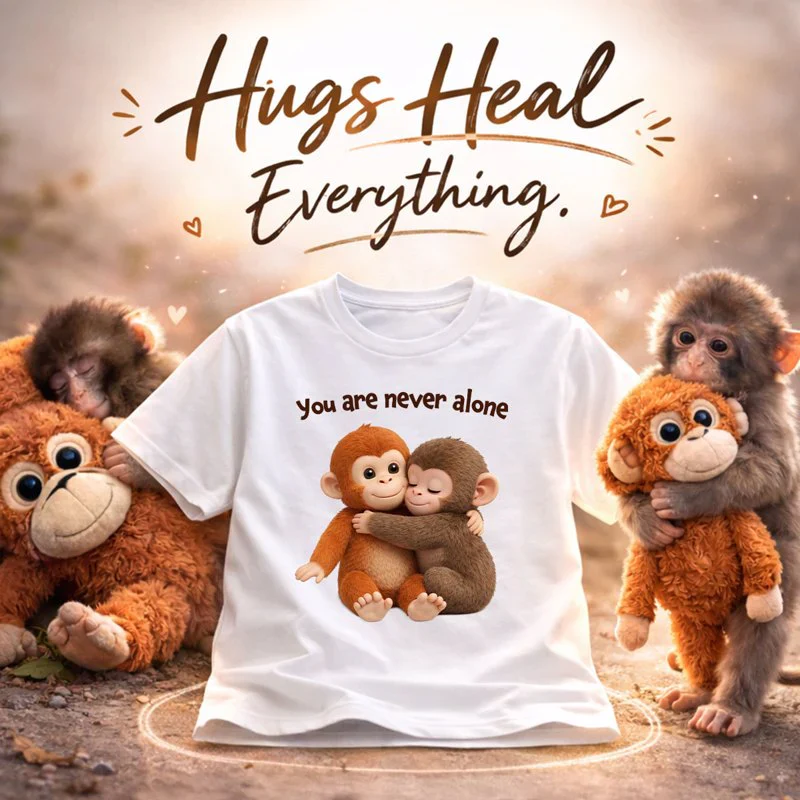 Personalized Classic Tee with Hugging Baby Monkeys You are never alone Quote - Unique Cute Gift for a Best Friend - Image 4
