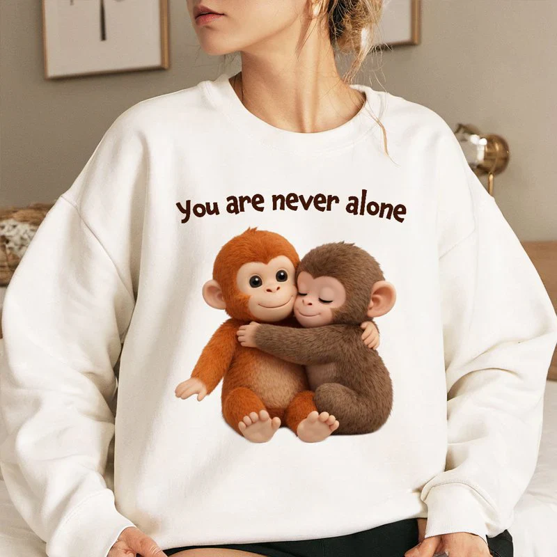 Personalized Classic Tee with Hugging Baby Monkeys You are never alone Quote - Unique Cute Gift for a Best Friend - Image 5