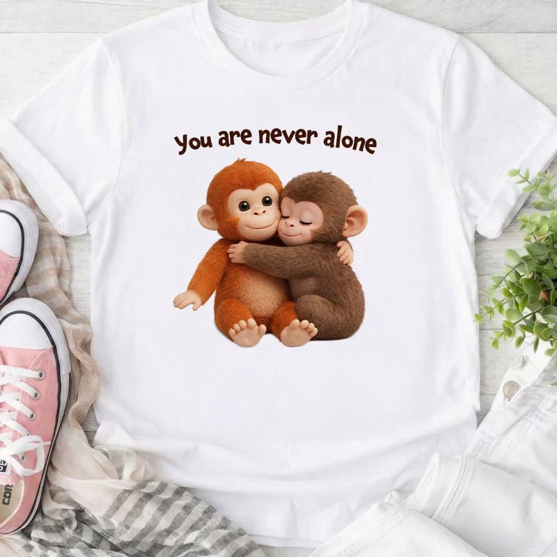 Personalized Classic Tee with Hugging Baby Monkeys You are never alone Quote - Unique Cute Gift for a Best Friend - Image 6