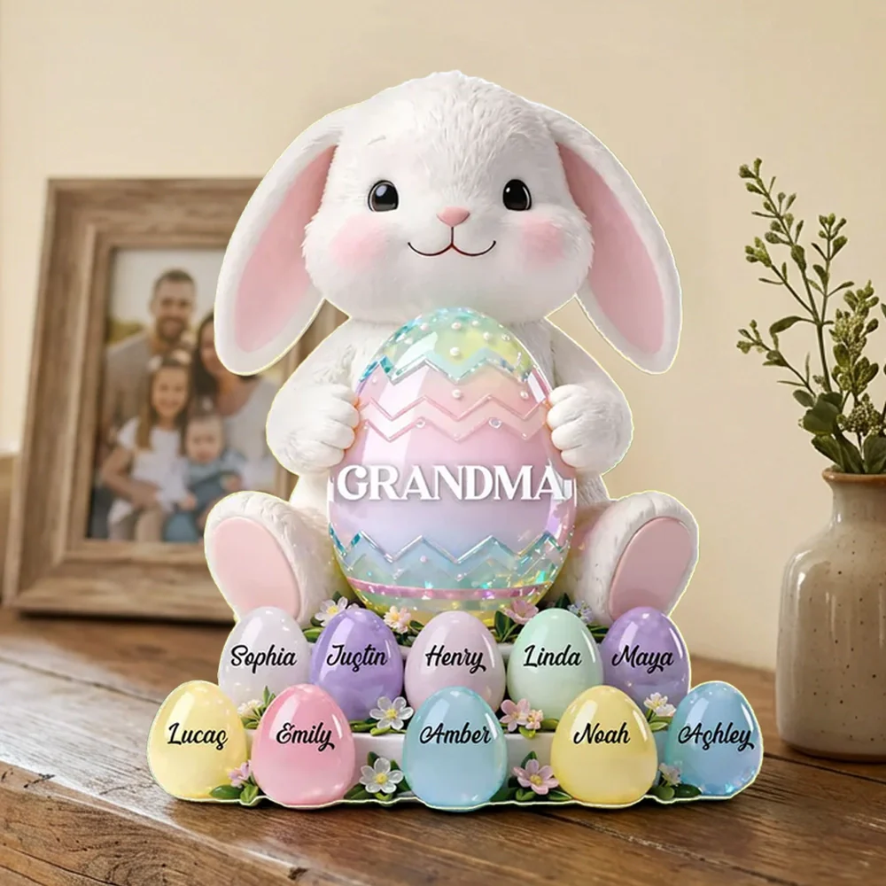Personalized Shaped Acrylic Block Plaque Cute Bunny Holding Easter Egg for Grandma Spring Shelf Decor Unique Gift