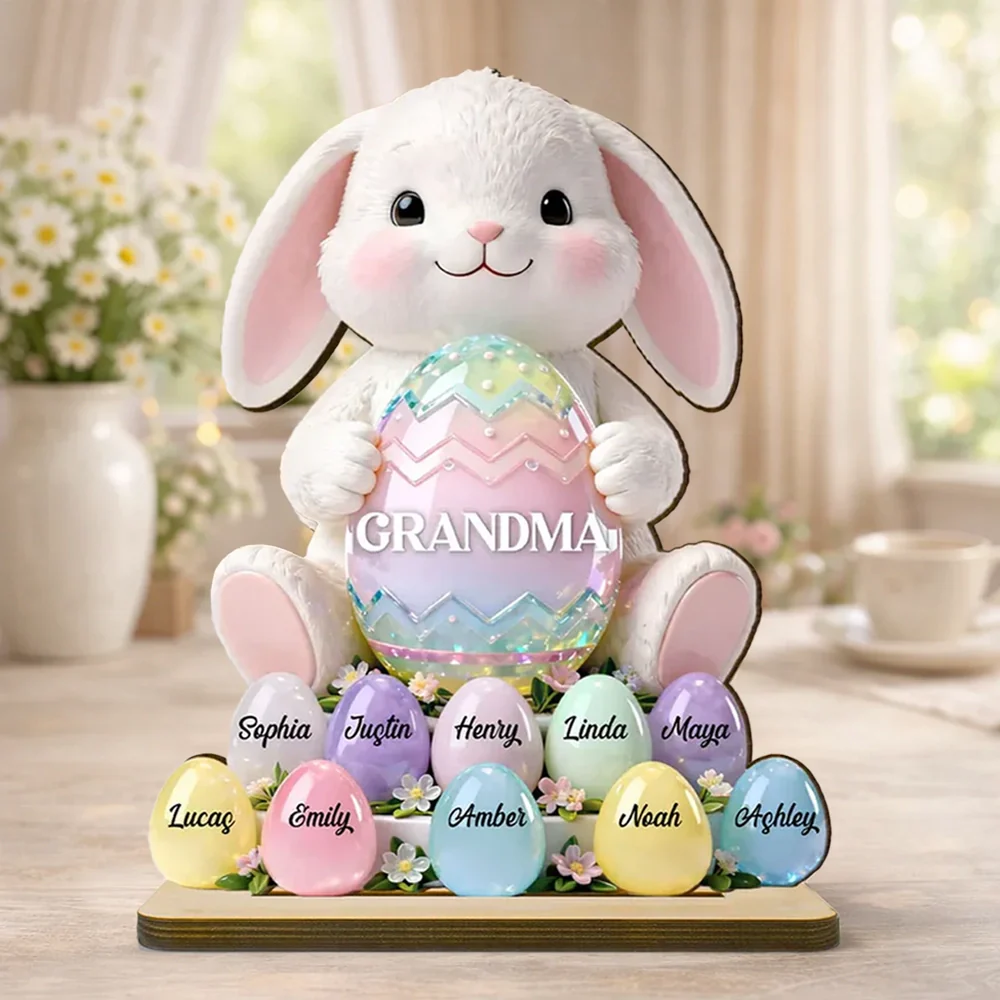 2-Layer Wooden Plaque Personalized for Grandma - Cute Bunny with Pastel Eggs Easter Decor, Heartwarming Custom Gift