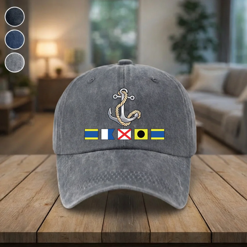 Washed Denim Baseball Cap with Boat Anchor and Nautical Flags - Coastal Style Unique Gift for Sailors and Boat Lovers