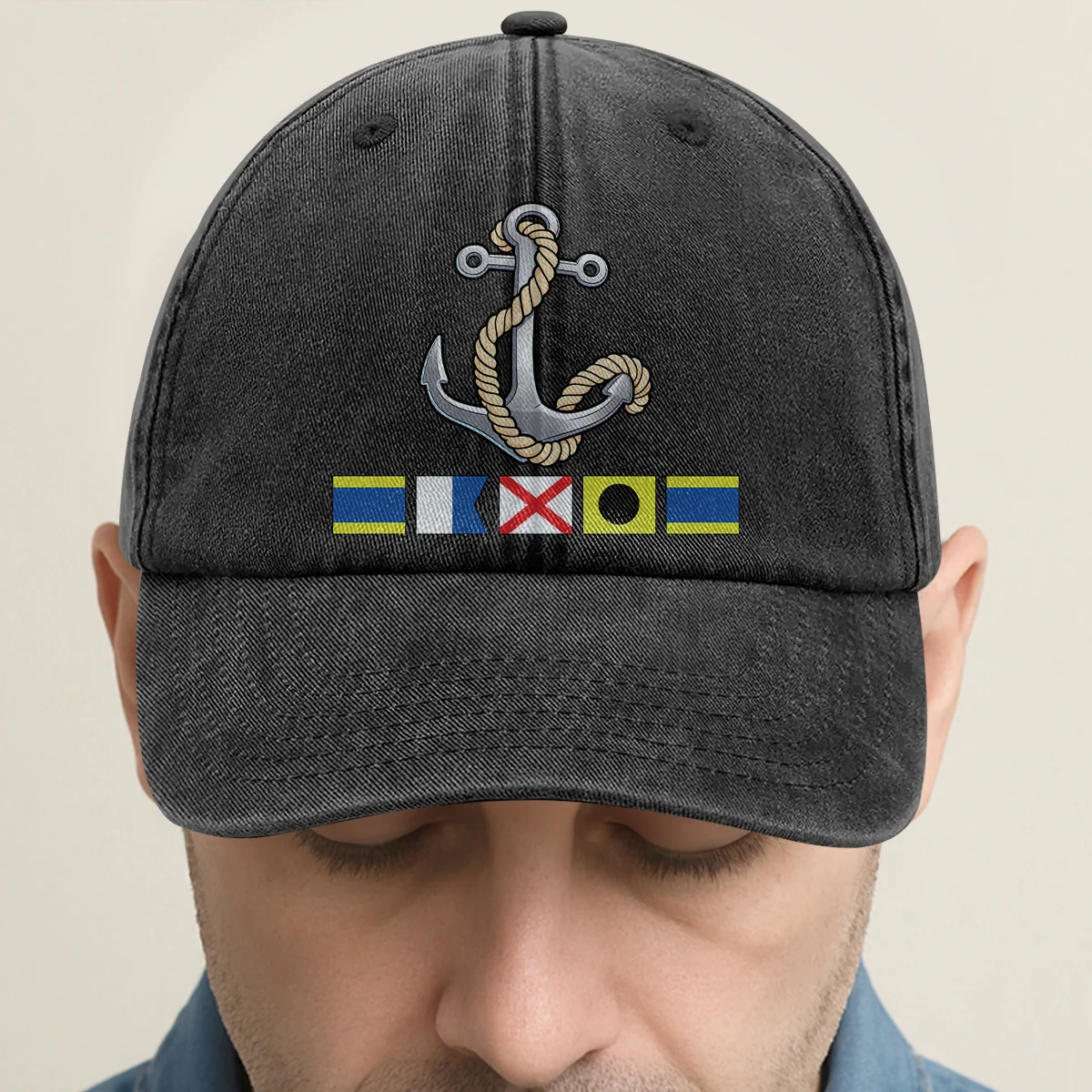 Washed Denim Baseball Cap with Boat Anchor and Nautical Flags - Coastal Style Unique Gift for Sailors and Boat Lovers - Image 2