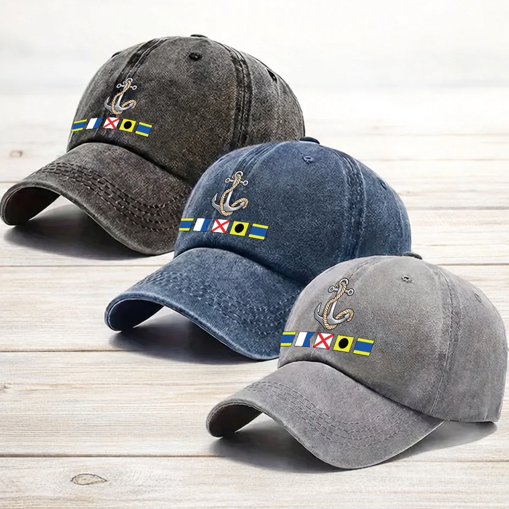 Washed Denim Baseball Cap with Boat Anchor and Nautical Flags - Coastal Style Unique Gift for Sailors and Boat Lovers - Image 3