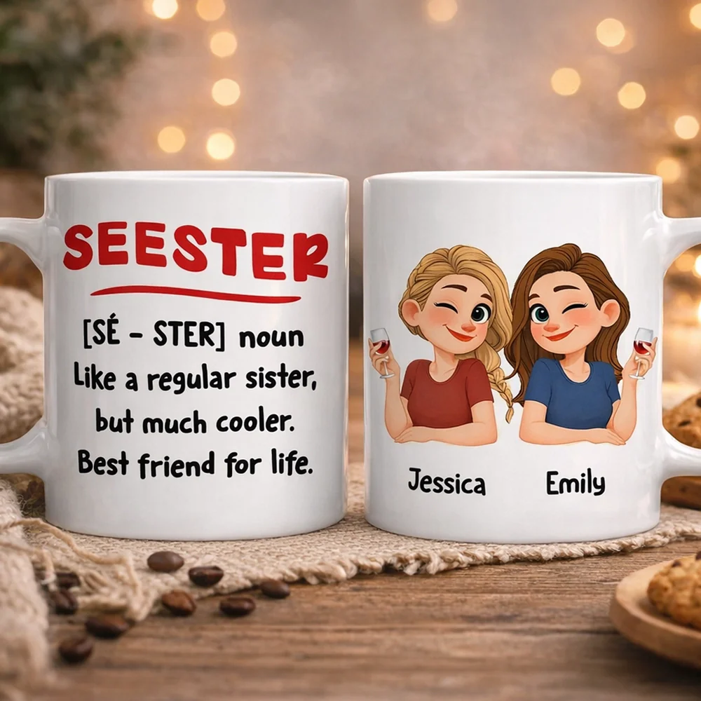 Personalized Seester Squad Ceramic Mug with Cute Cartoon Besties - Unique Coworker or Best Friend Gift