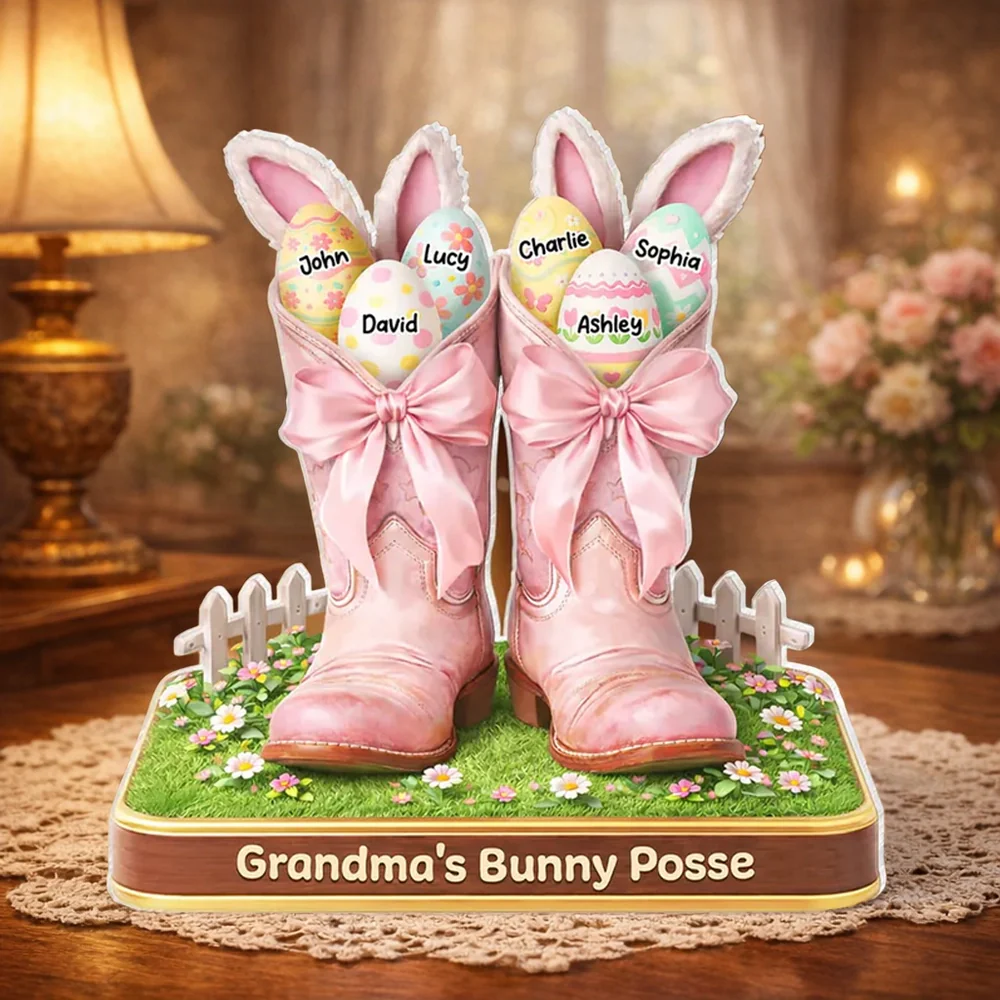 Personalized Shaped Acrylic Block Plaque Grandma's Bunny Posse Easter Boots Shelf Decor, Unique Gift for Grandma