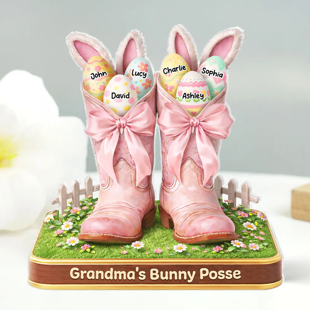 Personalized Shaped Acrylic Block Plaque Grandma's Bunny Posse Easter Boots Shelf Decor, Unique Gift for Grandma - Image 3