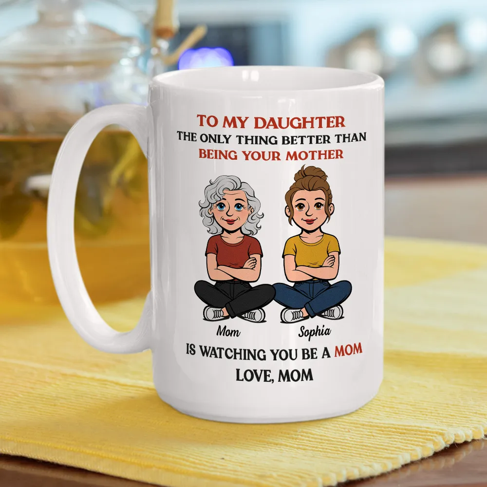 Personalized Mother-Daughter Cartoon White Ceramic Mug, Custom Names Look, Unique Mother's Day Gift for Mom - Image 3