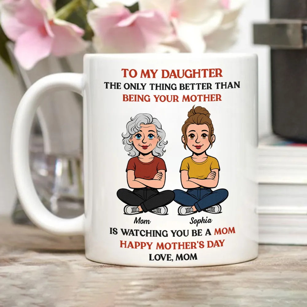 Personalized Mother-Daughter Cartoon White Ceramic Mug, Custom Names Look, Unique Mother's Day Gift for Mom - Image 7