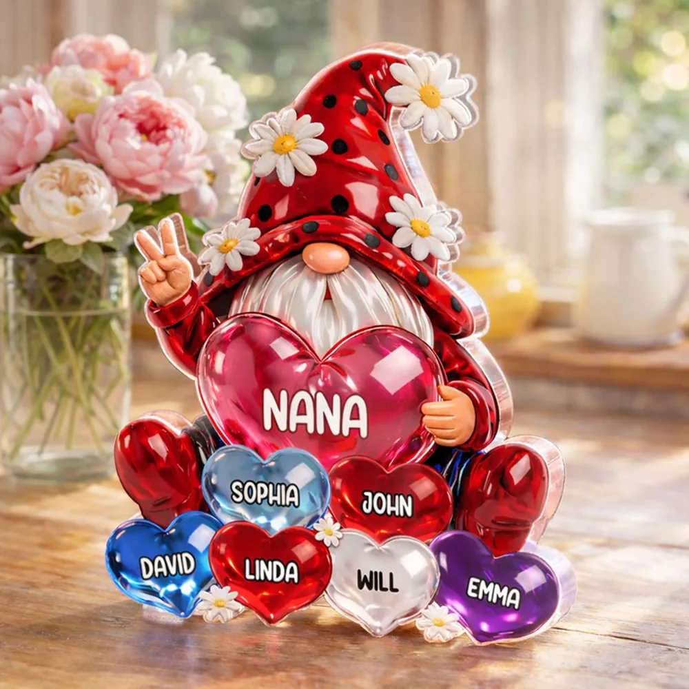 Personalized Shaped Acrylic Block Plaque Nana Gnome Holding Heart Balloons, Sweet Shelf Decor, Unique Gift for Grandma