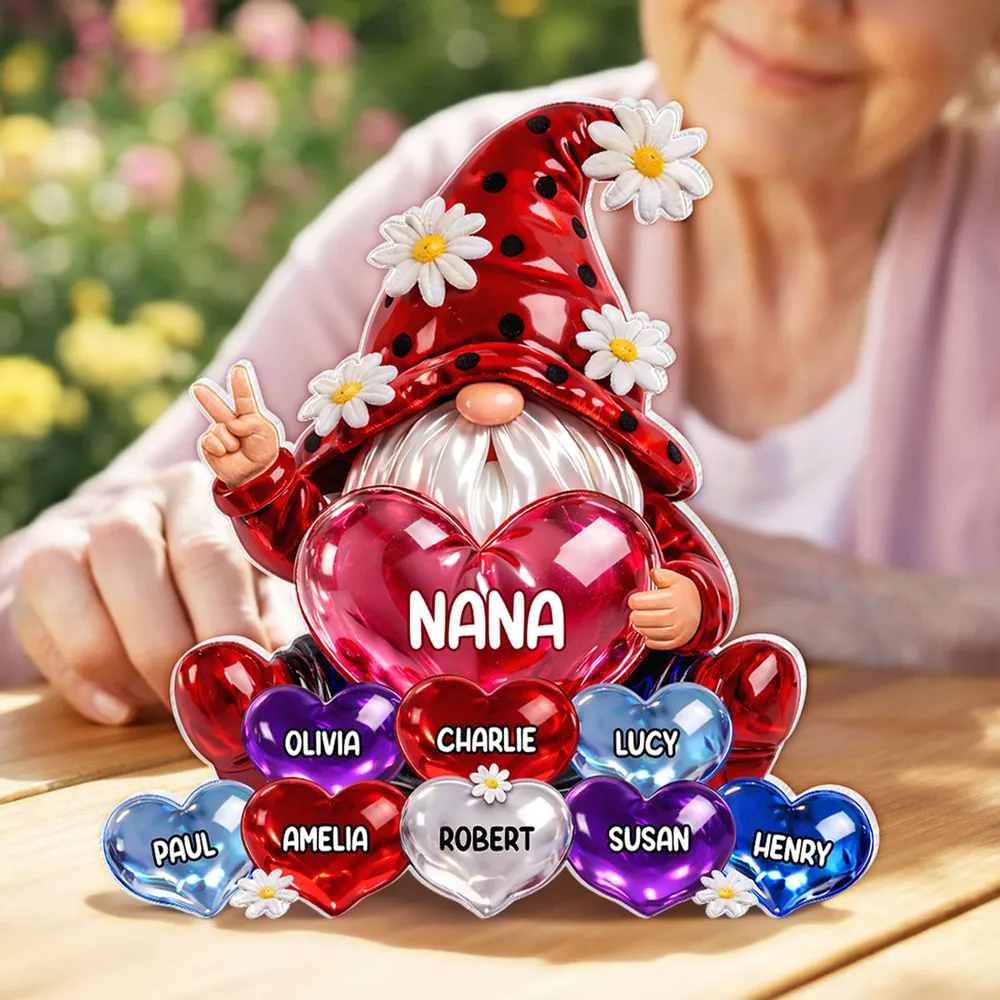 Personalized Shaped Acrylic Block Plaque Nana Gnome Holding Heart Balloons, Sweet Shelf Decor, Unique Gift for Grandma - Image 2