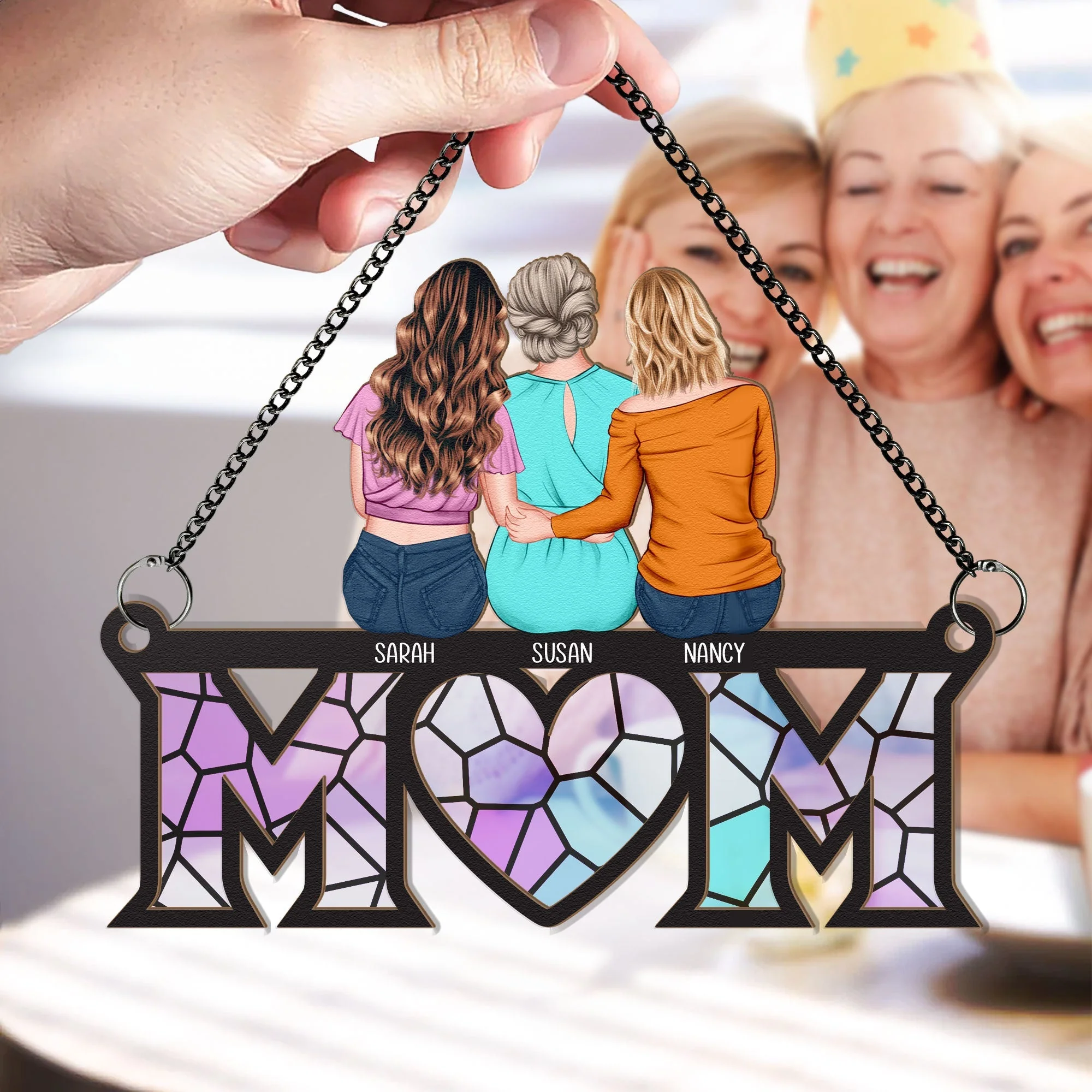 Personalized Wood and Acrylic Layered Ornament Mom Stained Glass Style Family Hug Window Hanging, Unique Gift for Mom - Image 2