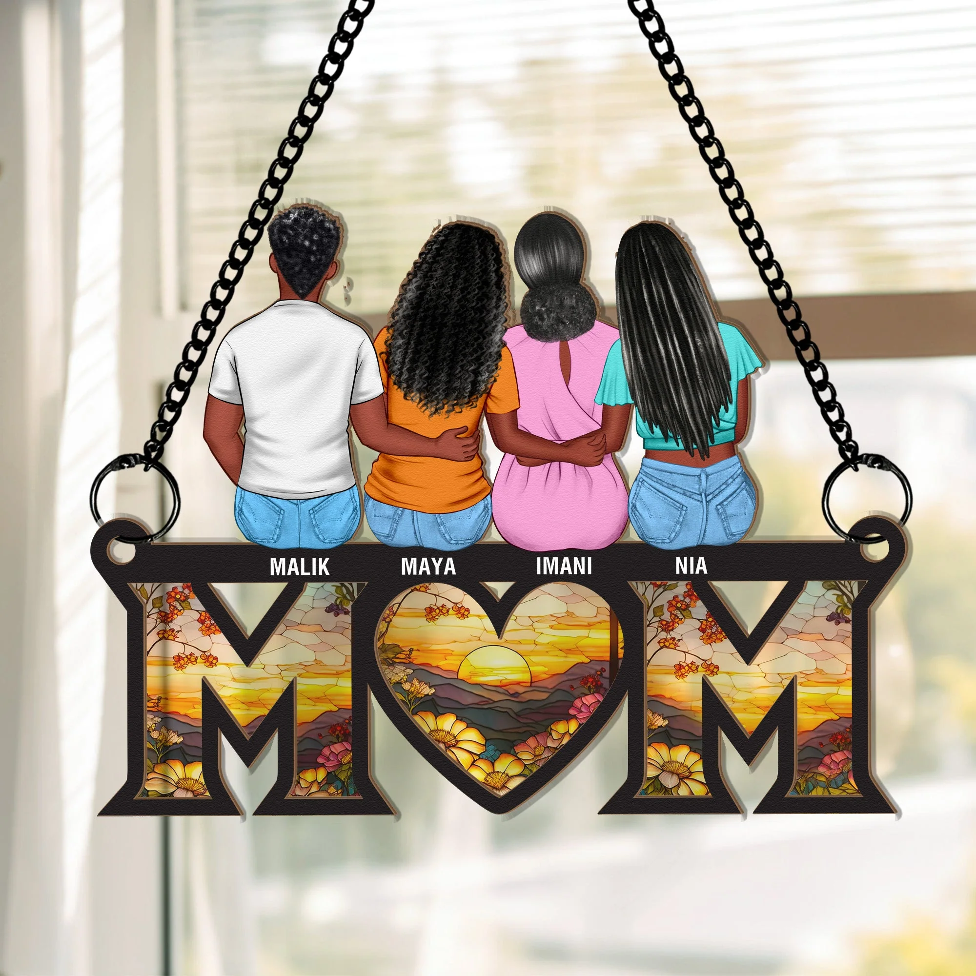 Personalized Wood and Acrylic Layered Ornament Mom Stained Glass Style Family Hug Window Hanging, Unique Gift for Mom - Image 3
