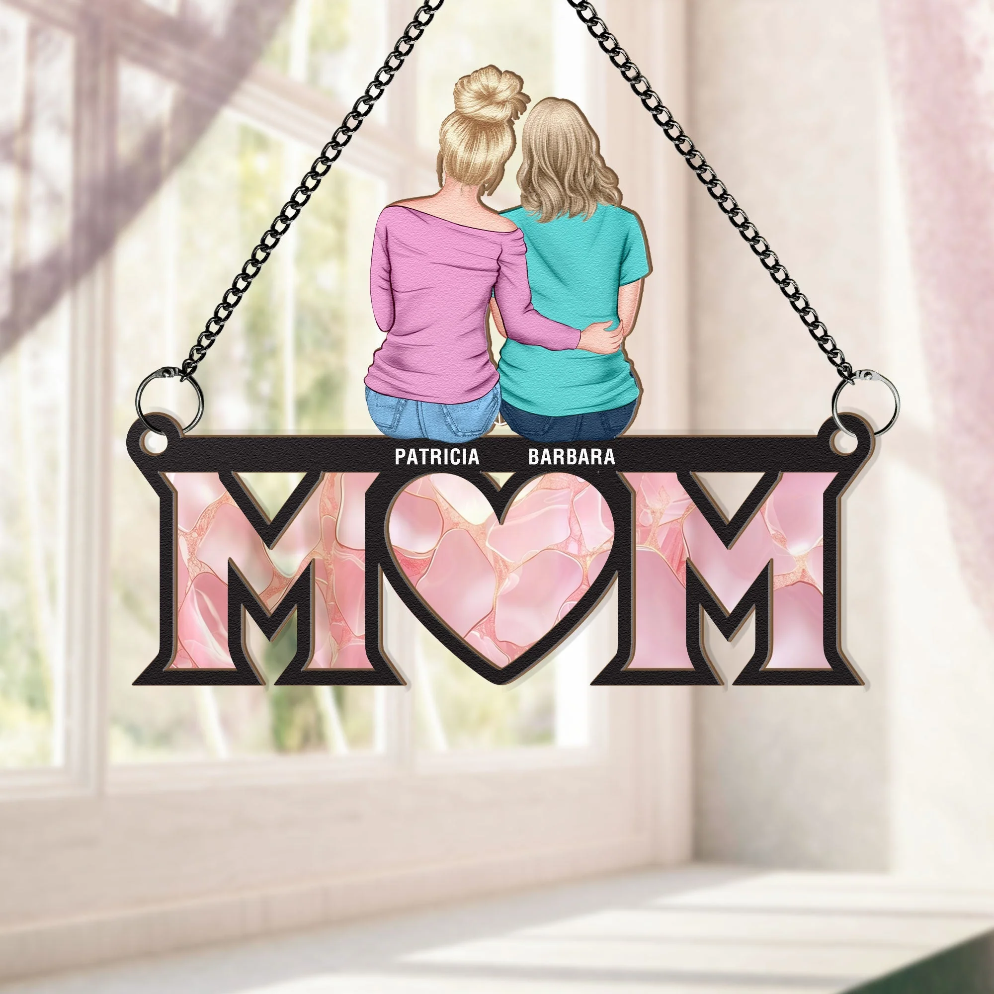 Personalized Wood and Acrylic Layered Ornament Mom Stained Glass Style Family Hug Window Hanging, Unique Gift for Mom - Image 4
