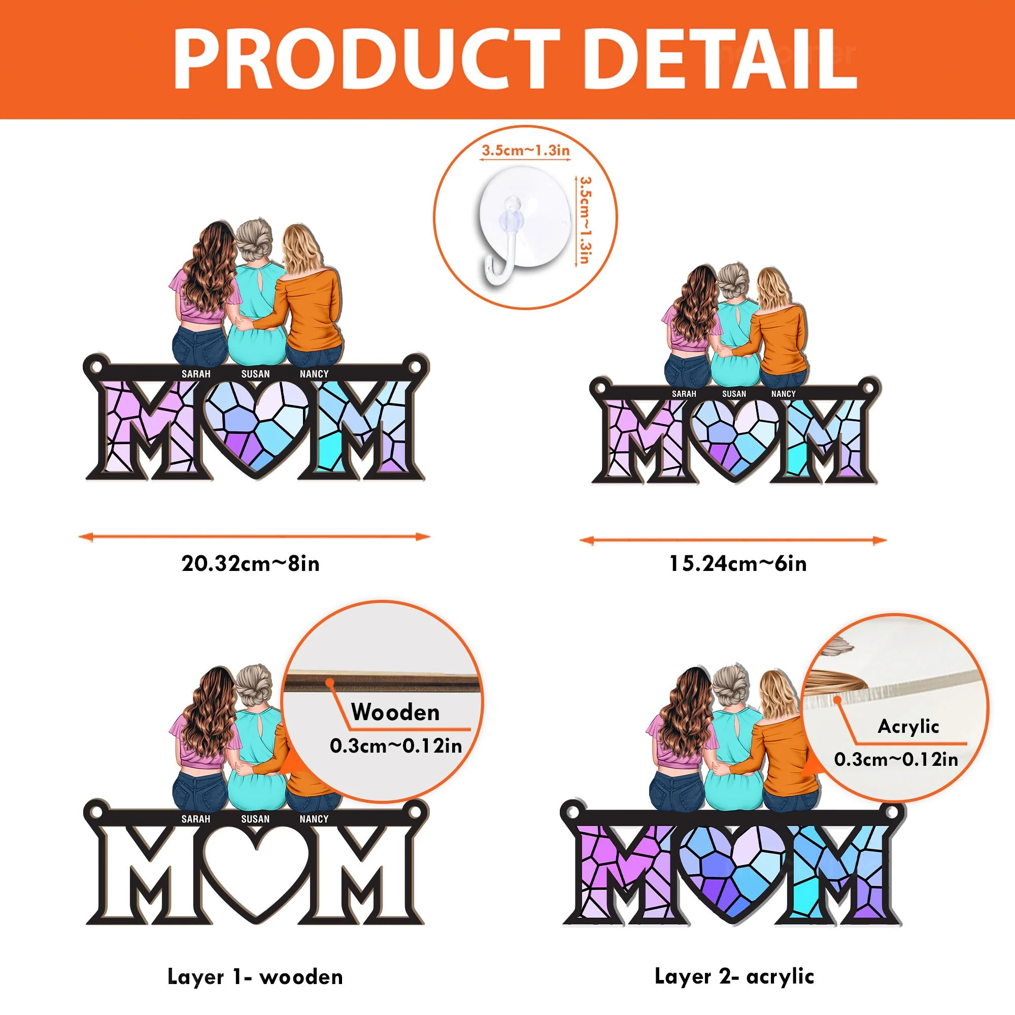 Personalized Wood and Acrylic Layered Ornament Mom Stained Glass Style Family Hug Window Hanging, Unique Gift for Mom - Image 6