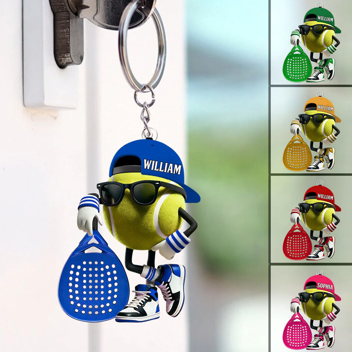 Personalized Padel Acrylic Keychain Cute Tennis Ball Character with Sunglasses and Cap - Unique Gift for Sports Fans - Image 3