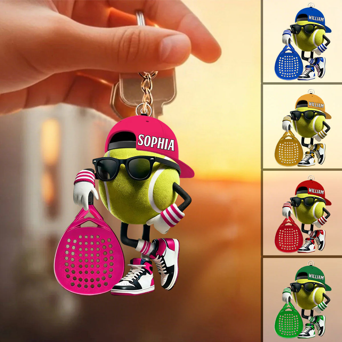 Personalized Padel Acrylic Keychain Cute Tennis Ball Character with Sunglasses and Cap - Unique Gift for Sports Fans - Image 4