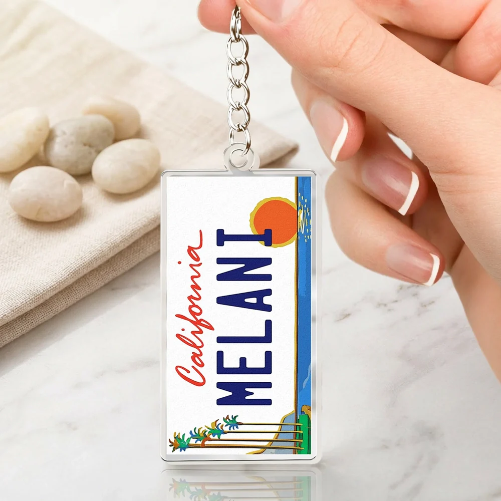 State License Plate Acrylic Keychain, California MELANI Design, Beach Sunset Style, Unique Travel Gift