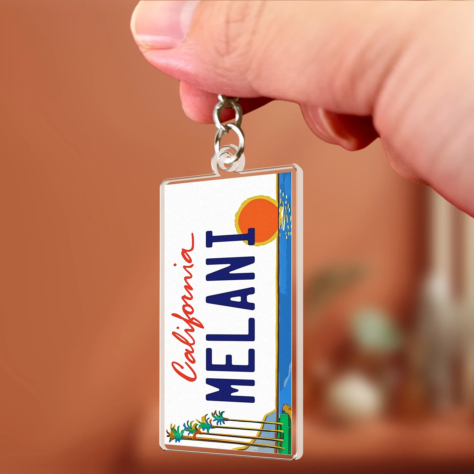 State License Plate Acrylic Keychain, California MELANI Design, Beach Sunset Style, Unique Travel Gift - Image 3