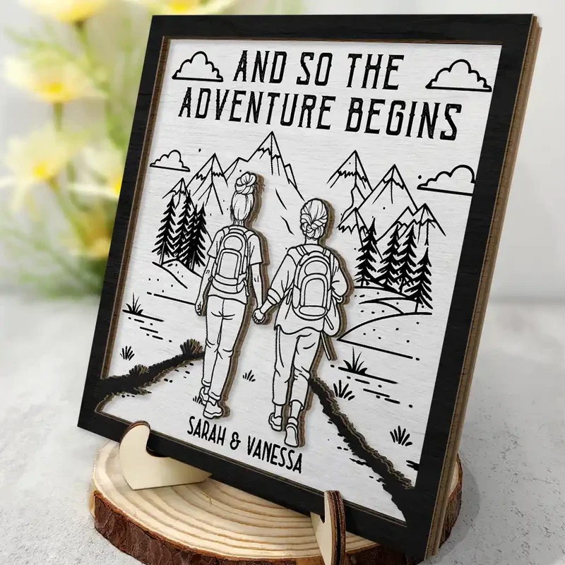 Personalized 2-Layer Wooden Plaque Adventure Partners For Life Couple Hiking Scene - Unique Gift For Your Favorite Travel Buddy - Image 2