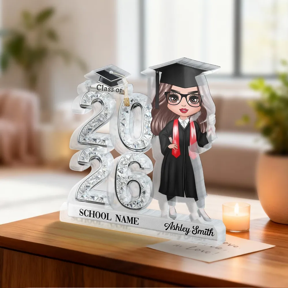 Shaped Acrylic Block Plaque Personalized for Graduation, Glam Class Year Display with Grad Girl Holding Diploma, Thoughtful Gift - Image 3