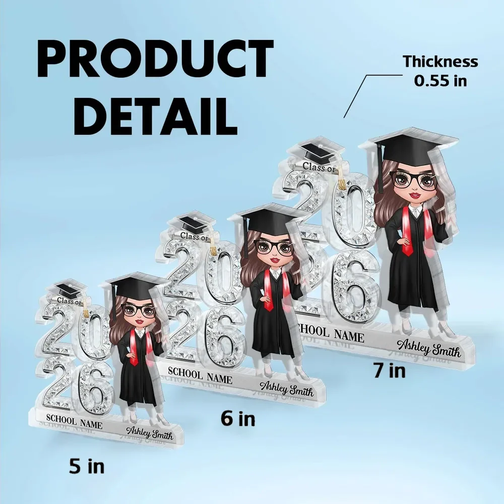Shaped Acrylic Block Plaque Personalized for Graduation, Glam Class Year Display with Grad Girl Holding Diploma, Thoughtful Gift - Image 4