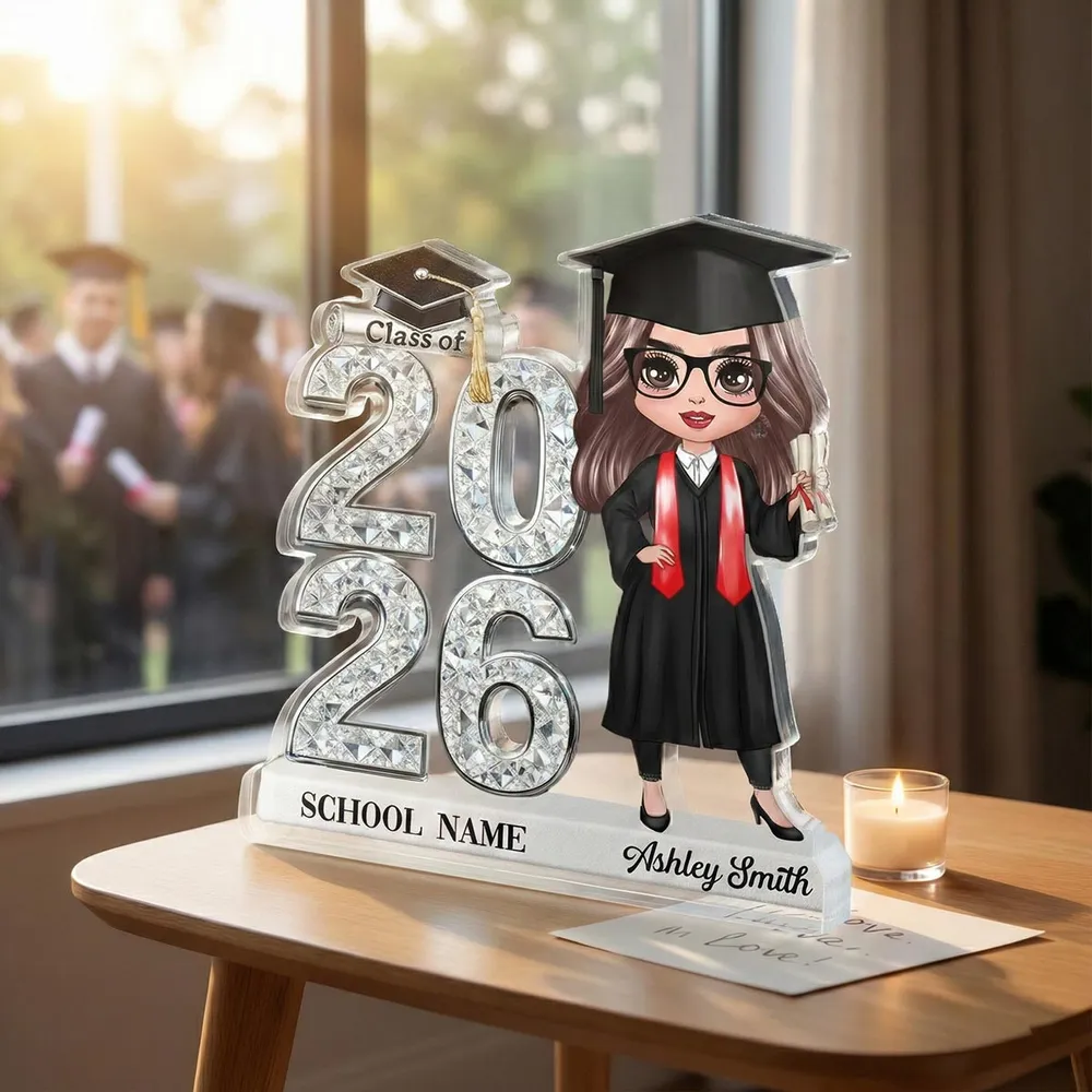 Shaped Acrylic Block Plaque Personalized for Graduation, Glam Class Year Display with Grad Girl Holding Diploma, Thoughtful Gift - Image 8