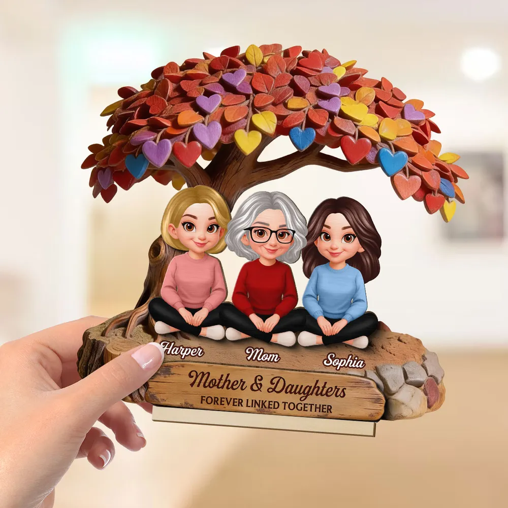 Personalized 2-Layer Wooden Plaque with Mom and Daughters Under Colorful Heart Tree - Unique Gift for Mom, Sweet Family Keepsake - Image 6